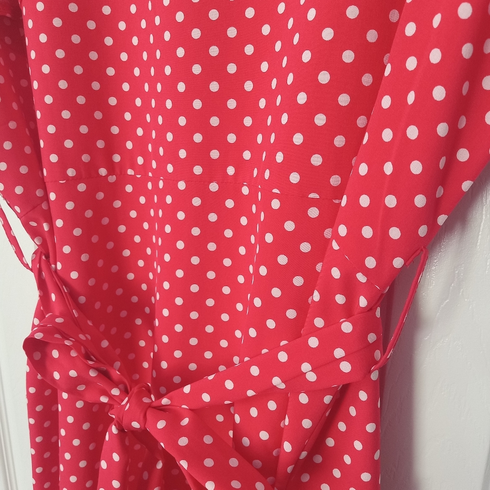Polka Dot Dress Red A Line Button Up V Neck Midi Ties Large - Picture 8 of 8